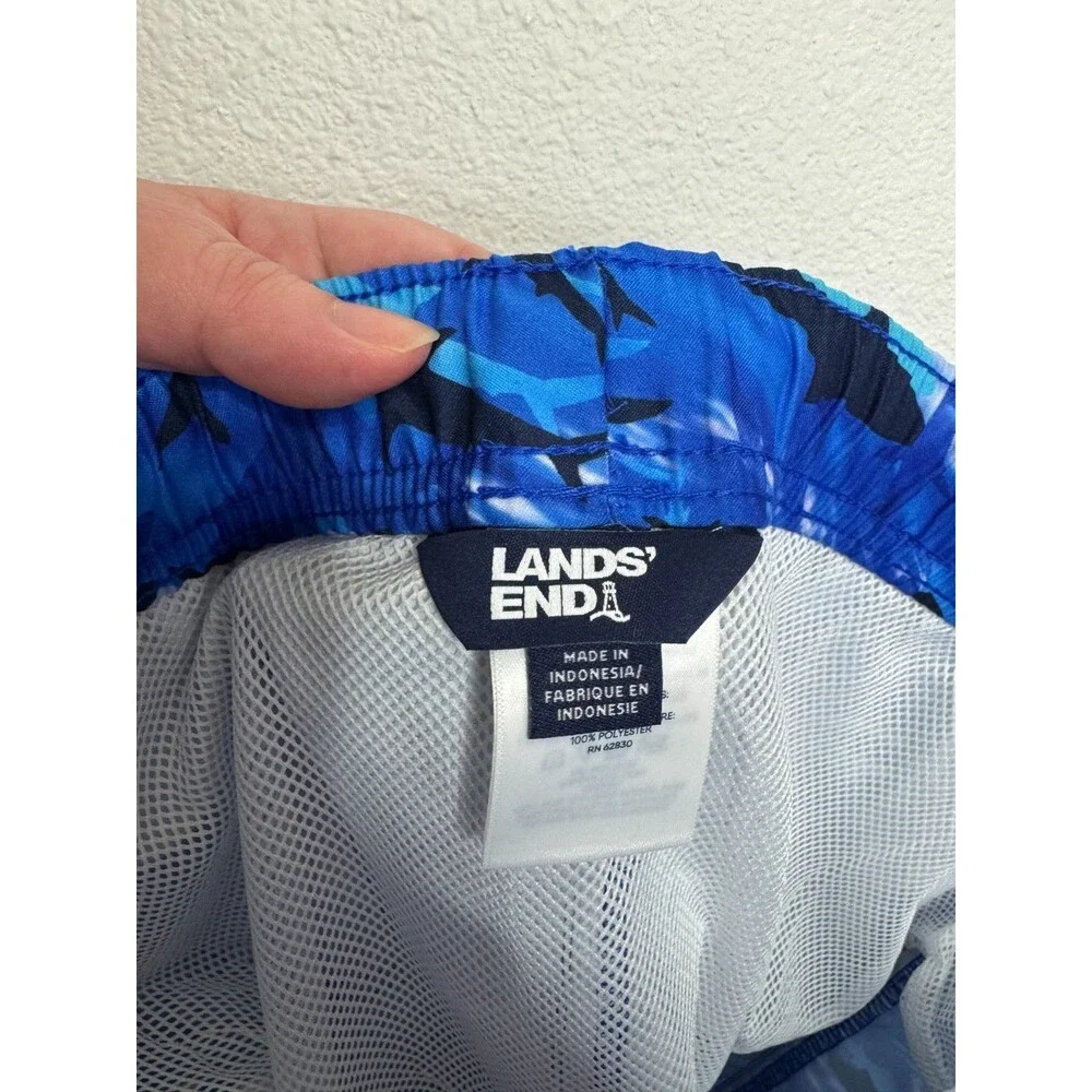 Lands' End Boys Large Cool Sharks Swim Trunks Drawstring Pocket Mesh Lined NWT